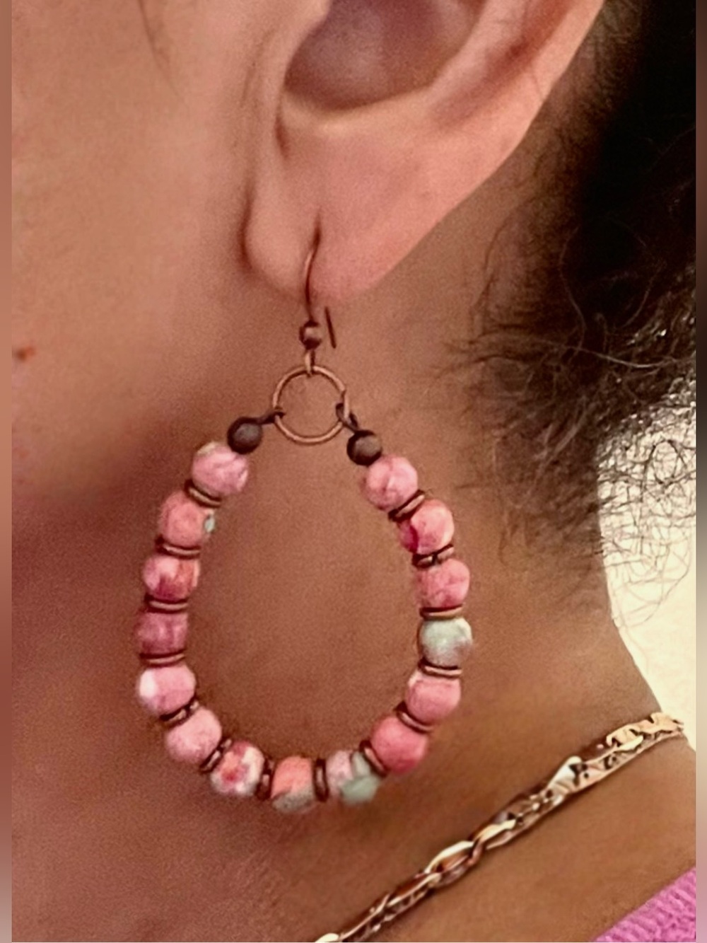 Real Stones Pink Beaded Teardrop Earrings with Copper Accents